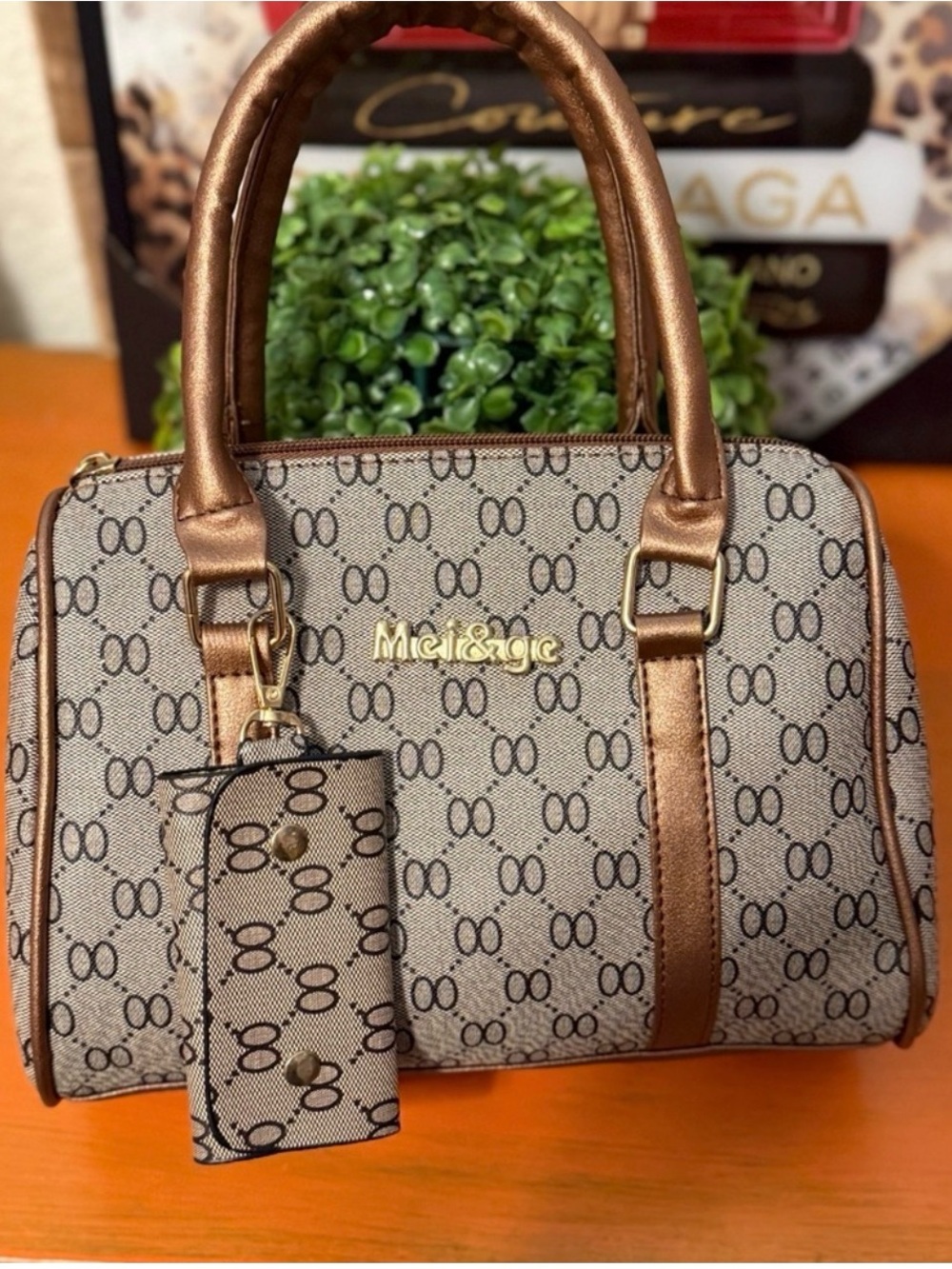 Beige Monogram Satchel with Bronze Trim